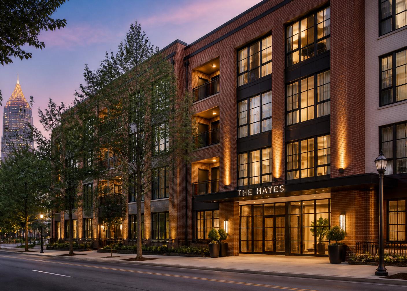 Modern Atlanta residential building at dusk